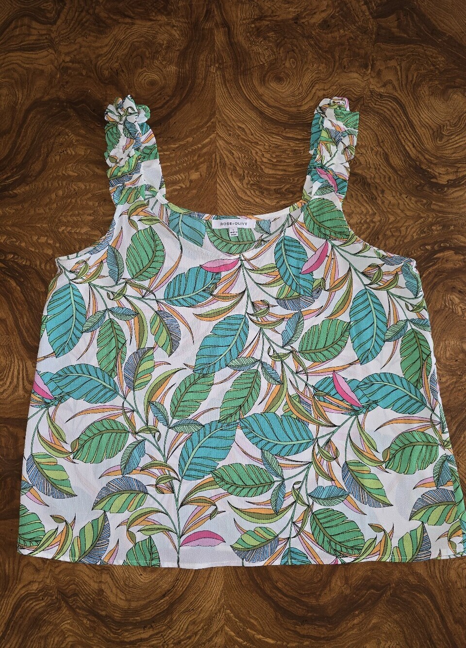 Rose + Olive Tropical Leaf Print Ruffle Strap Tank Top Womens Size L Summer